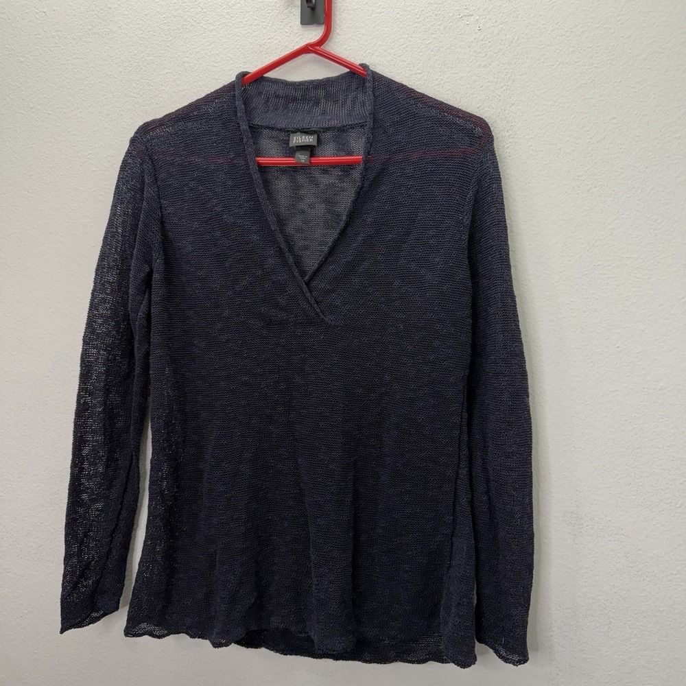 Eileen Fisher XS Linen Blend Open Knit V Neck Tunic Sweater Navy Blue Coastal